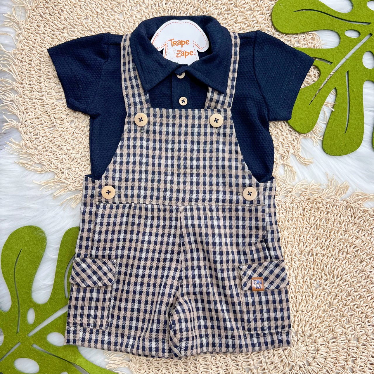 Conj. Camisa e Jardineira Xadrez - Marinho e Areia
